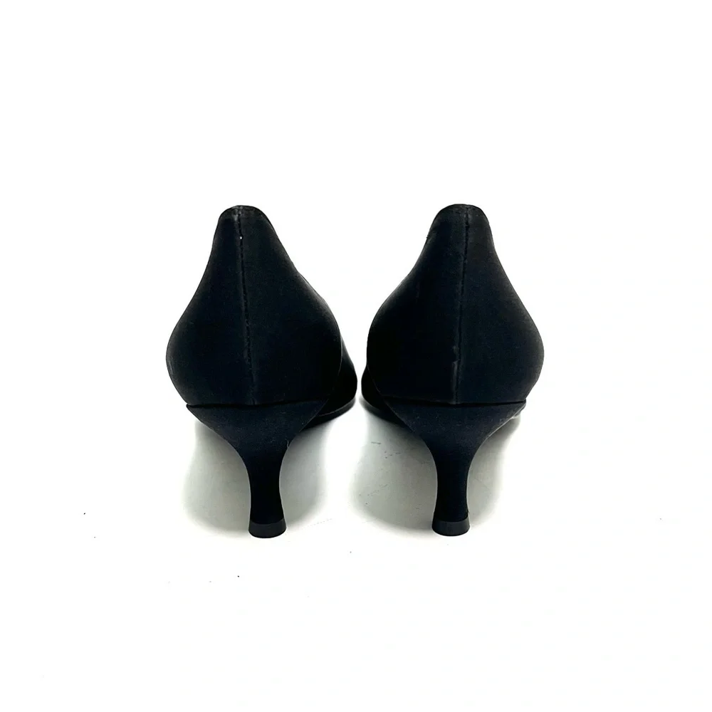 Vintage 1990s deadstock black nylon rhinestone lace pointed toe kitten heels